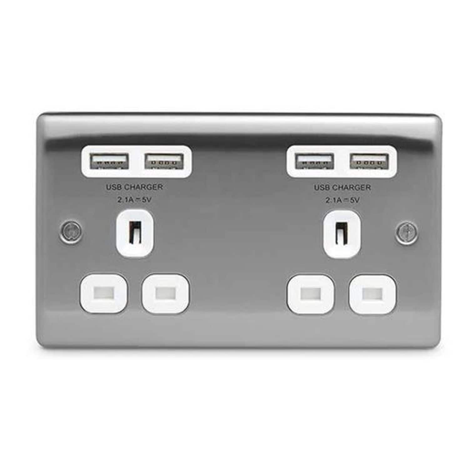 British General Nexus -Metal 13 -A Double Socket Outlet with USB Charger NBS24U4