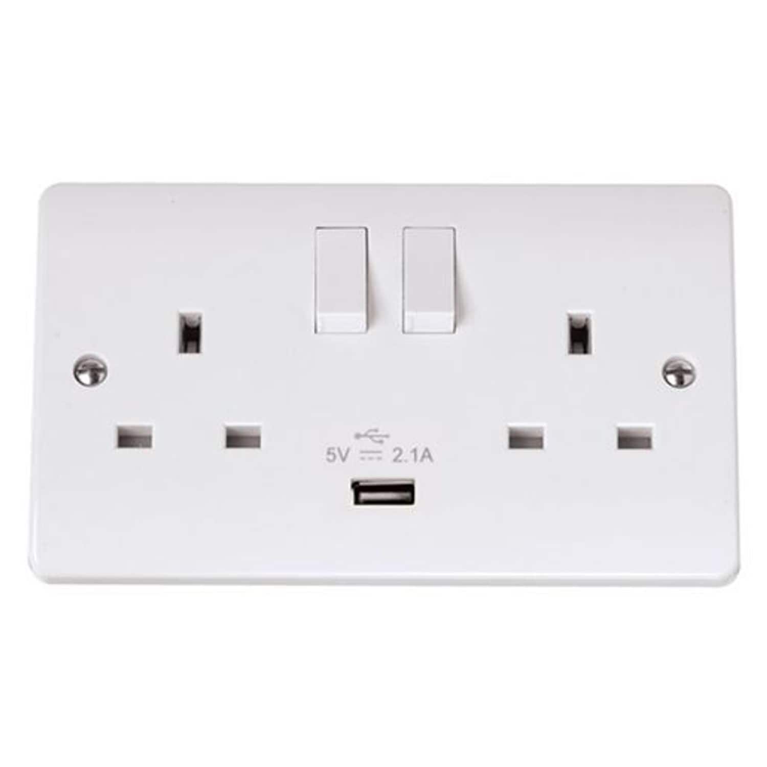 Click Mode 13A 2 Gang Switched Socket Outlet with Single 2.1A USB Outlet 146mm x