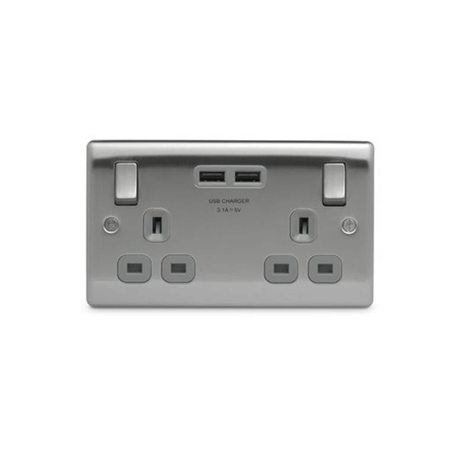 British General Nexus Brushed Steel 13 -A 2 Gang Switched Socket USB -Grey - NBS