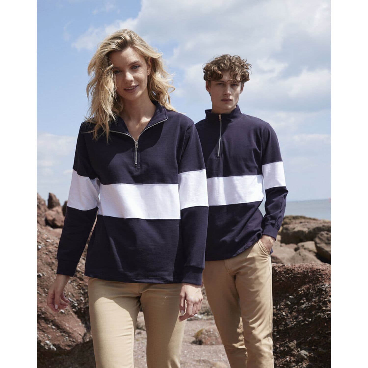 Front Row Panelled 1/4 Zip Navy/ White L FR06MNAV/WHIL