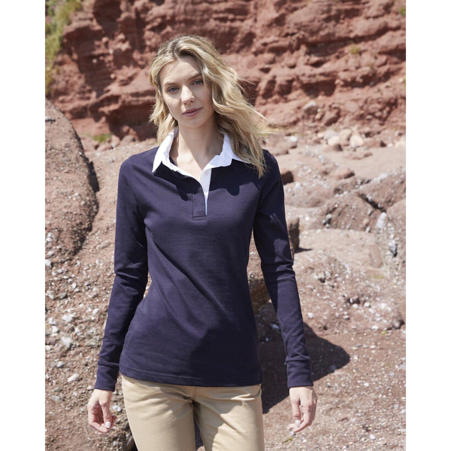 Front Row Ladies Long Sleeve Plain Rugby Shirt Navy/ White L FR101MNAV/WHIL