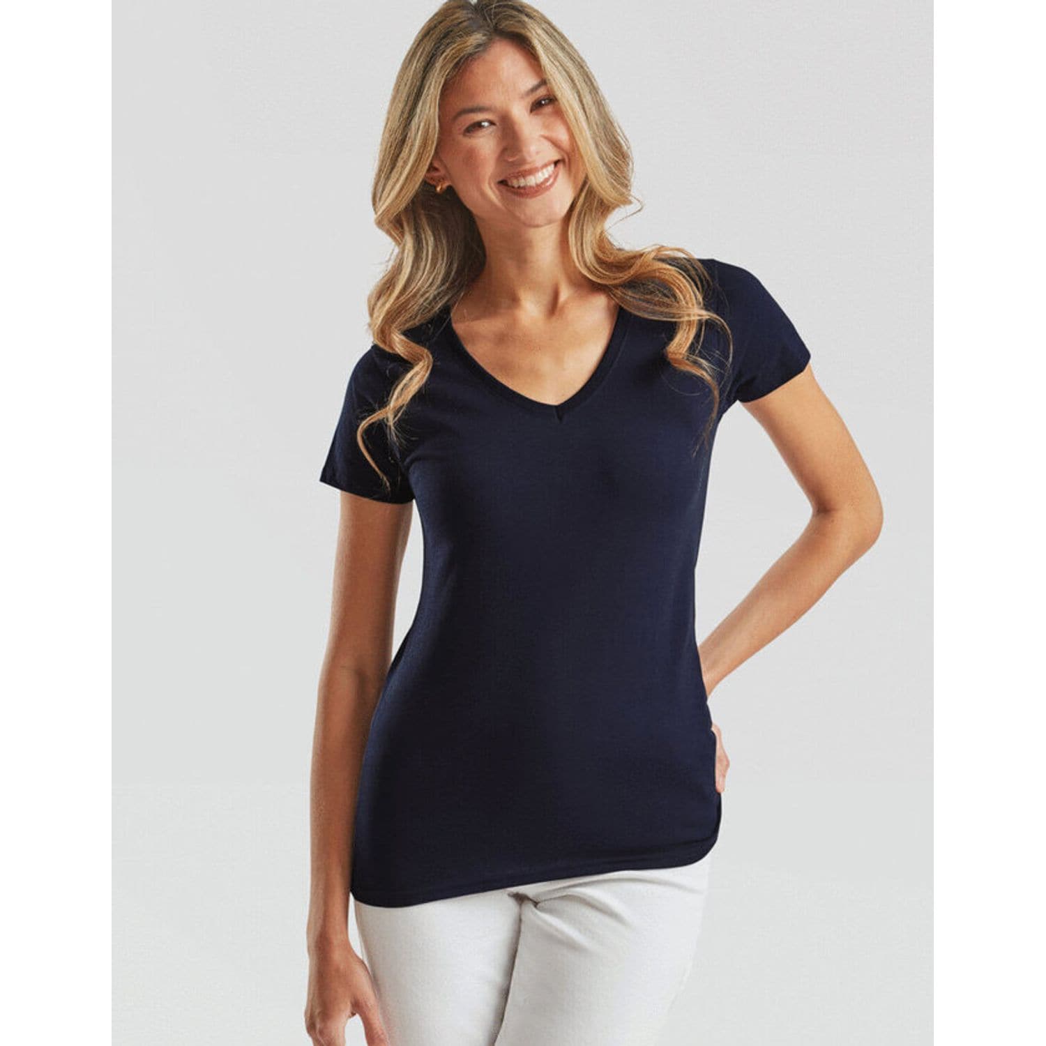 Fruit Of The Loom Ladies Valueweight V Neck T V Neck with Cotton Lycra Rib 100%