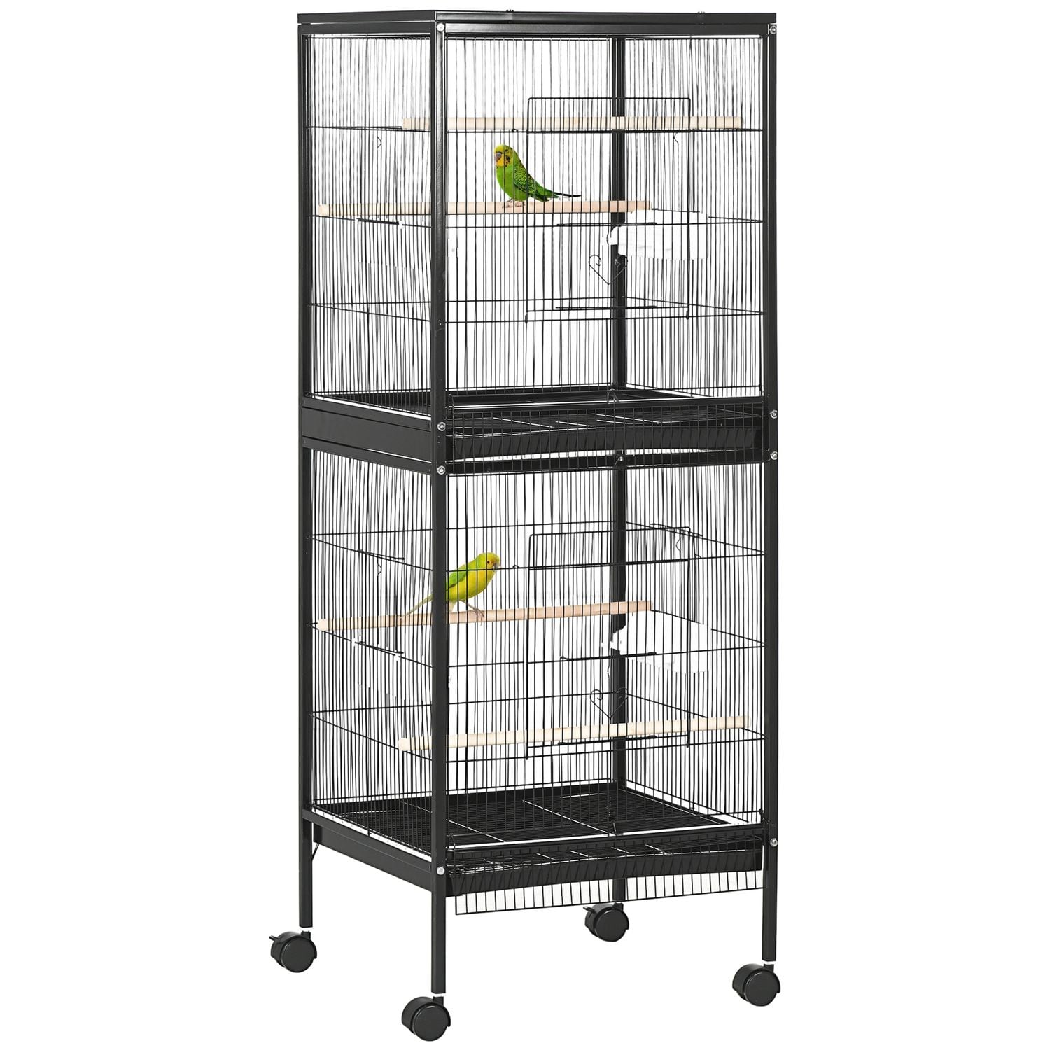 PawHut 2 In 1 Large Bird Cage Aviary with Wheels, Slide-out Trays Wood Perches