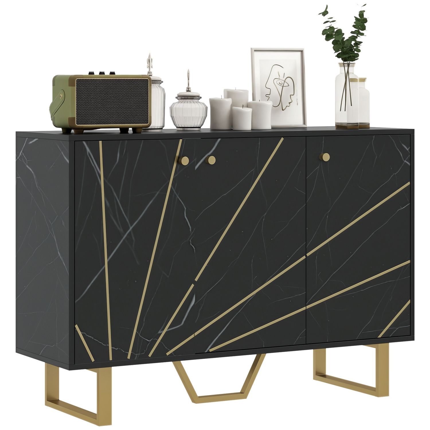 HOMCOM Sideboard Storage Cupboard with Metal Legs for Living Room - Black