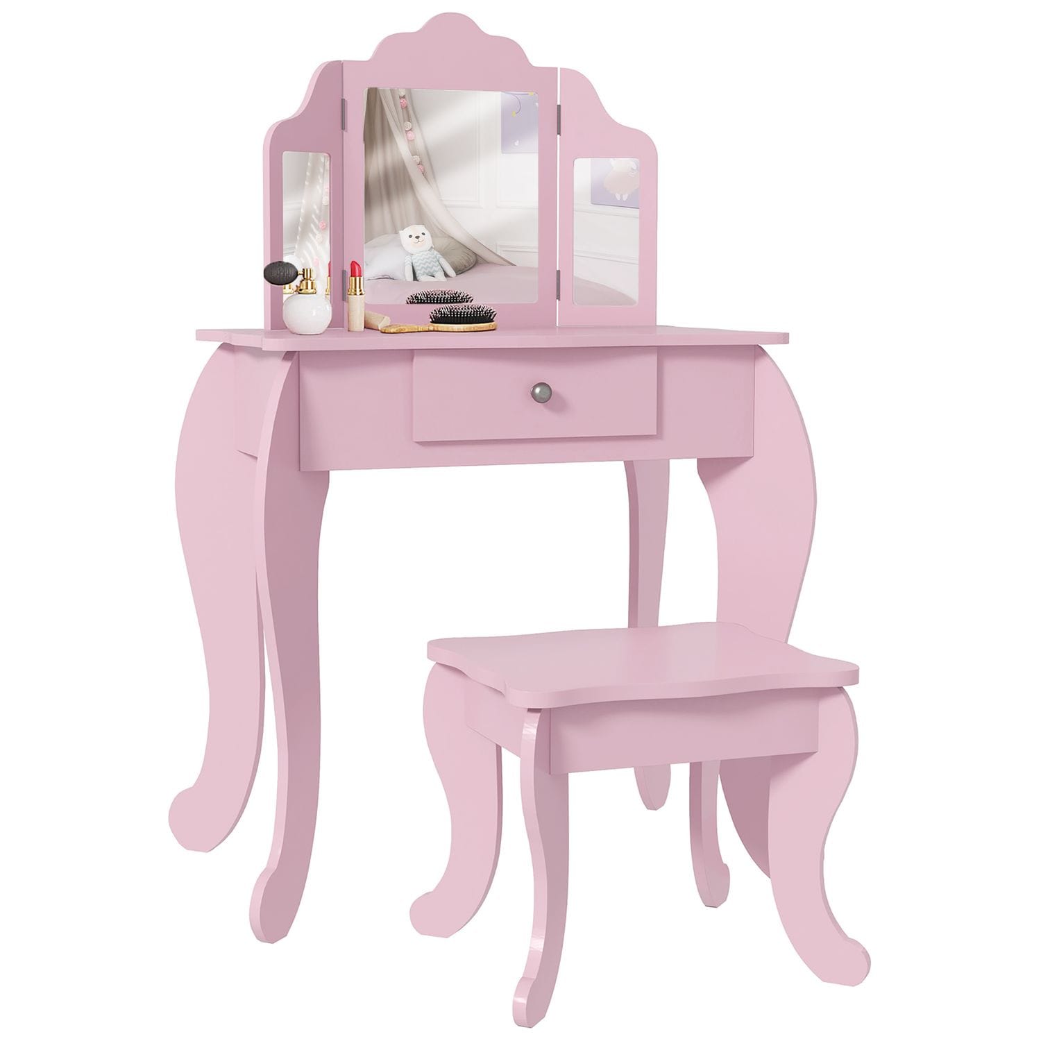 HOMCOM Makeup Dressing Table Set with Tri-Folding Mirror and Drawer - Pink