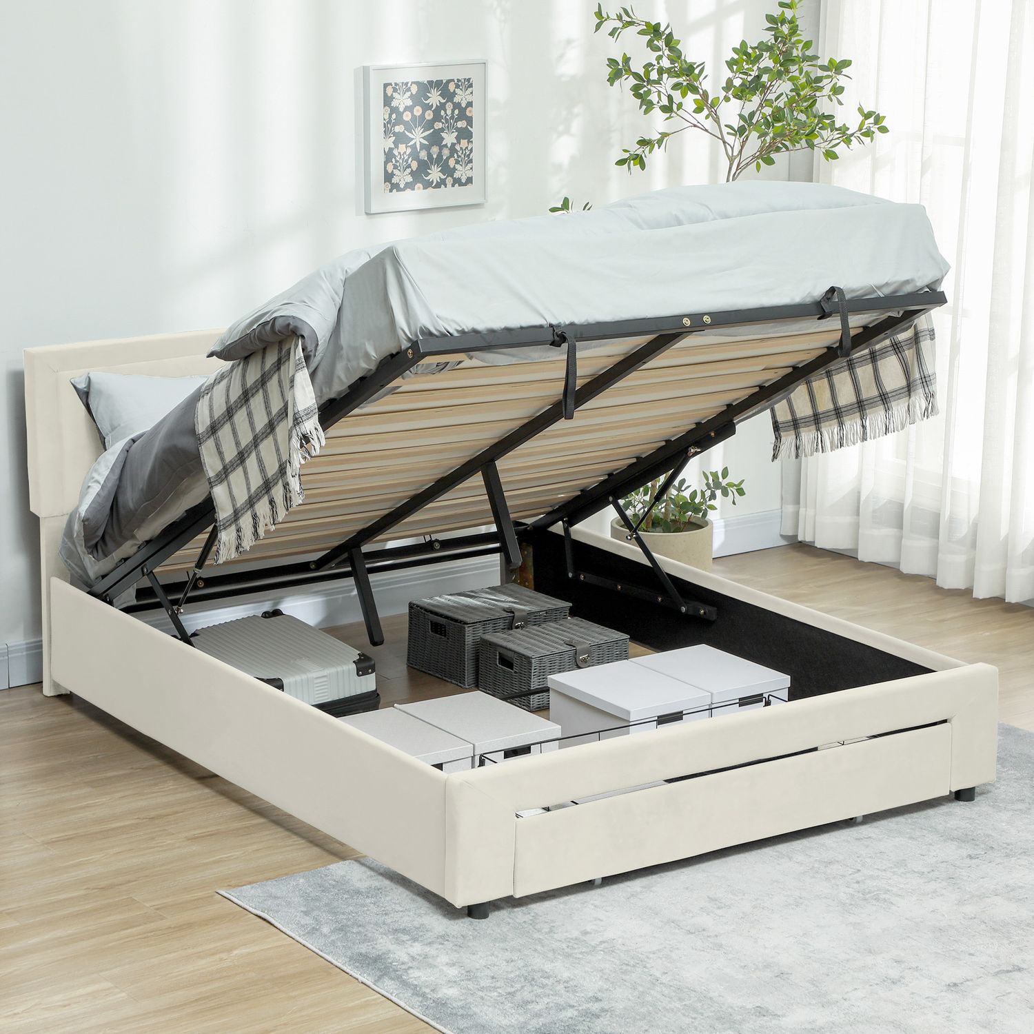 HOMCOM Double Bed Frame with Storage and Adjustable Velvet Headboard - Cream