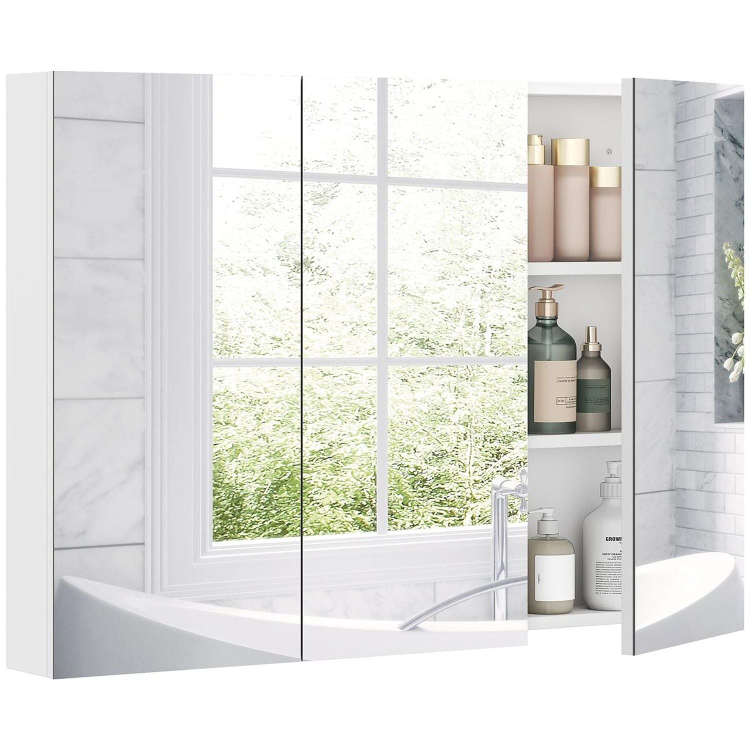 HOMCOM Bathroom Mirror Cabinet with 4 Adjustable Shelves - White