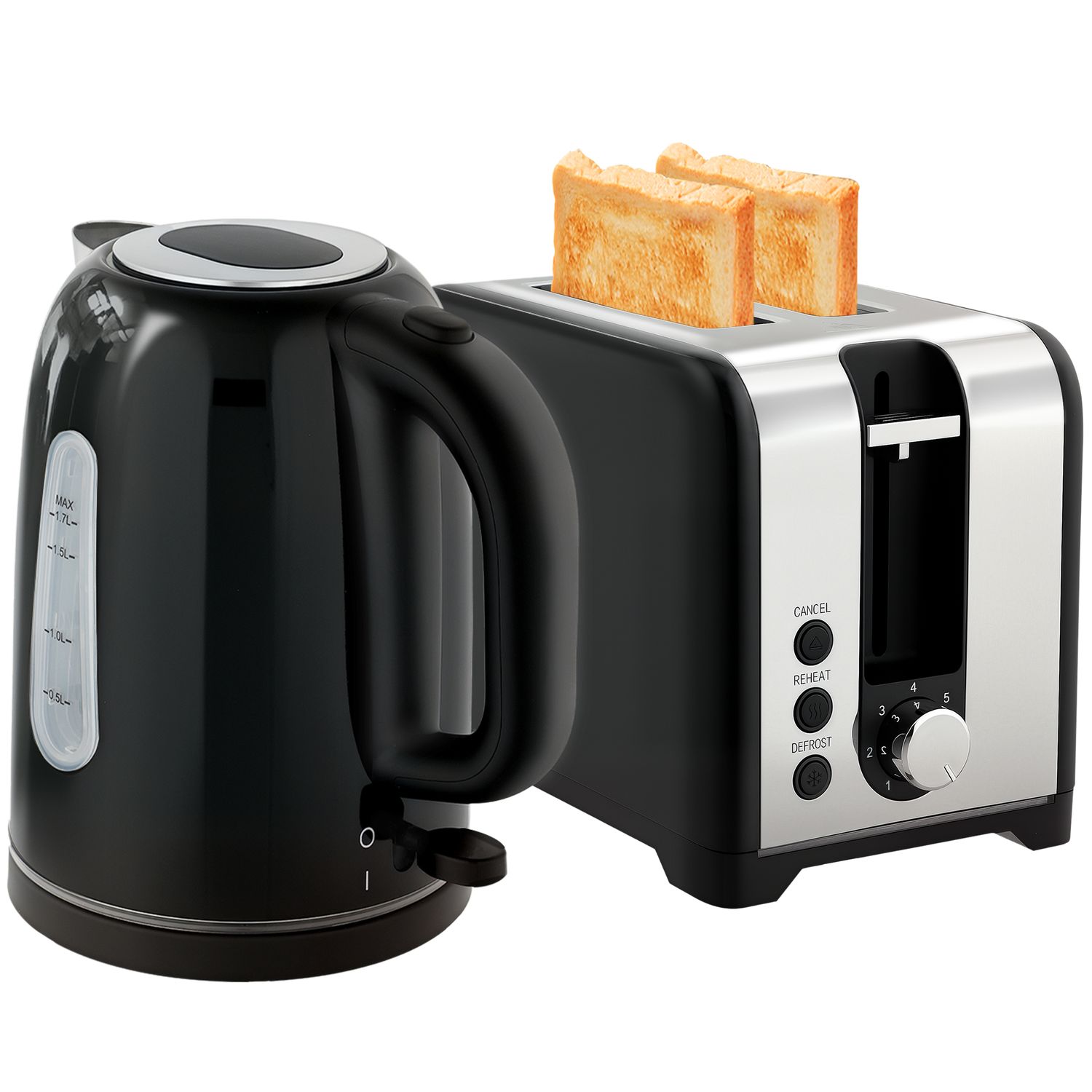 HOMCOM 1.7 Litre 3000W Rapid Boil Jug Kettle and 2-Slice Toaster Set Black
