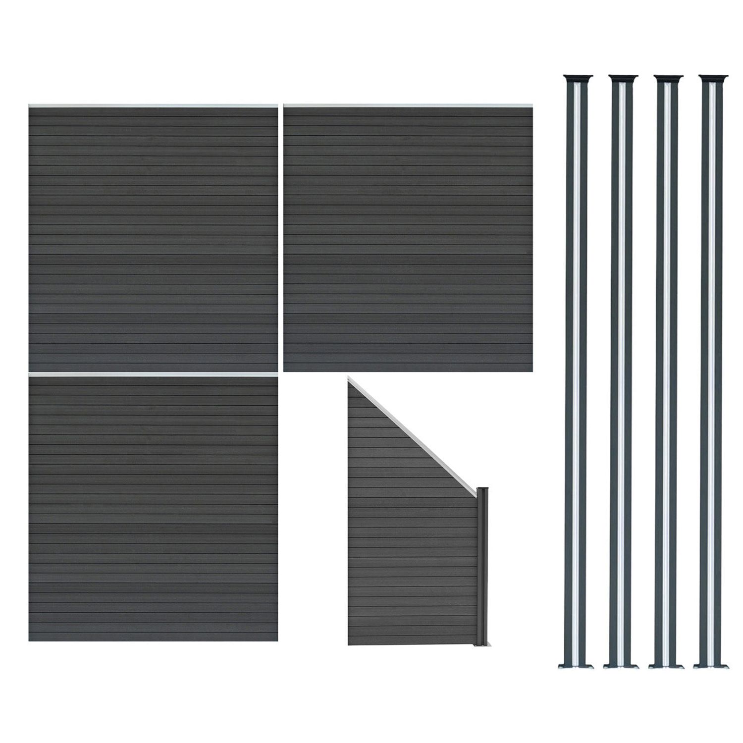 MonsterShop Composite Fence Panels x 3 Angled Piece & LED Posts x 4 - Grey