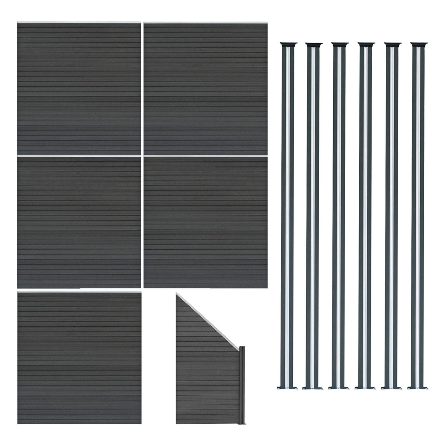 MonsterShop Composite Fence Panels x 5 Angled Piece & LED Posts x 6 - Grey