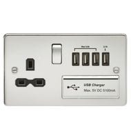 Knightsbridge Flat Plate 13A Switched Socket with Quad USB Charger - Polished Chrome Insert