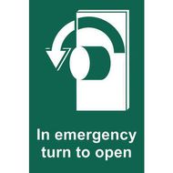 In Emergency Turn to Open (Left) Sign