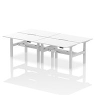 Height Adjustable 4 Person Bench Desks with White and Scalloped Edge Tops