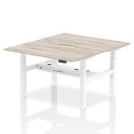 Height Adjustable 2 Person Bench Desks with Grey Oak and Scalloped Edge Tops