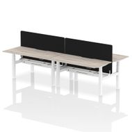 Height Adjustable 4 Person Bench Desks with Grey Oak and Scalloped Edge Tops with Privacy Screen