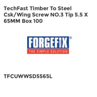 TechFast Timber to Steel CSK/Wing Screw No.3 Tip 5.5 x 65mm Box 100 FORTFC5565L