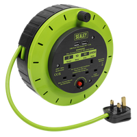 Cassette Type Cable Reel Green with Thermal Trip 2 x 230V and 2 x USB 10m