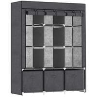 Fabric Wardrobe with 5 Shelves 2 Clothes Hanging Rails 3 Fabric Drawers Grey