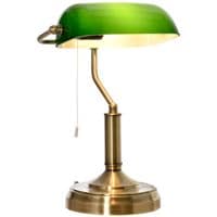 Banker's Table Lamp W/Antique Bronze Base, Green Glass Shade, Pull Rope Switch