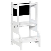 2-in-1 Kids Kitchen Step Stool Table Chair Set W/Safety Rail Chalkboard, White