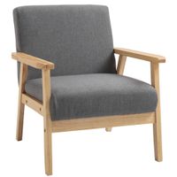 Minimalistic Accent Chair Wood Frame W/Thick Linen Cushions Wide Seat Armchair