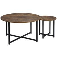 Set of 2 Nesting Coffee Tables Round End Bedside Tables Metal Frame Brown