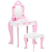 Kids Dressing Table W/Mirror, Stool, Drawer, Cute Patterns - Pink