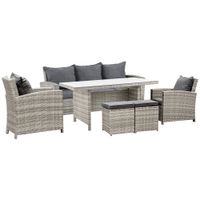 6Pcs Rattan Dining Set Sofa Table Footstool Outdoor w/Cushion Garden Furniture