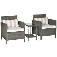 3 PC Rattan Garden Outdoor Patio Cushioned Single Sofa Coffee Table Light, Grey