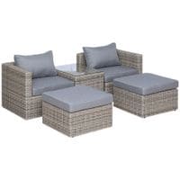 5 Pcs PE Rattan Sofa Footstool Set Tall Glass-Top Table Aluminium Frame Brown