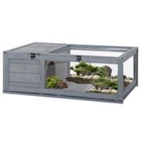 Tortoise House, Small Pet Reptile Wooden House W/Mesh Roof, Side Panel - Grey