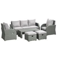 6pc Cushioned Outdoor Rattan Wicker 3-Seat Sofa, Recliner, Footstool, Table Set