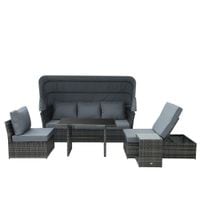 5 Pcs Outdoor Rattan Sofa Sets Reclining Adjustable Canopy Sofa w/Dining Table