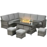 7 Pieces Rattan Garden Furniture Set w/50, 000 BTU Gas Fire Pit Table Grey