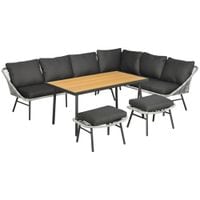6 Seater Rattan Garden Furniture Set w/Sofa, Footstool, Table, Cushion, Grey