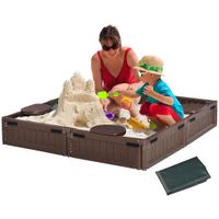 Kids Outdoor Sandbox w/Canopy Bottom Fabric Liner for 3-12 Years Old Brown
