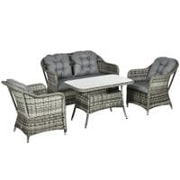 4 Pcs Rattan Garden Furniture, Padded Conversation Sofa Set w/Glass Top Table