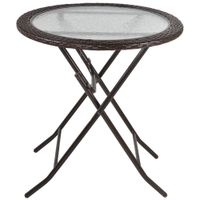 Folding Round Rattan Table with Tempered Glass Top for Patio Garden Outdoor