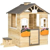 Kids Wooden Playhouse, Outdoor Garden Toys W/Door, Bench, Flowerpot Holder