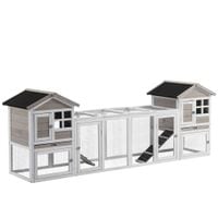 2-In-1 Wooden Rabbit Hutch w/Double House, Run Box, Slide-Out Tray, Ramp