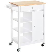 Kitchen Storage Trolley Cart Unit W/Wood Top Shelves Cupboard Drawer Rail White
