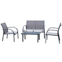 4 Pcs Curved Steel Outdoor Sofa Set w/Loveseat 2 Chairs Glass Top Table Grey