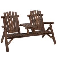 Wood Patio Chair Bench 2 Seats w/Center Coffee Table, Garden Bench, Carbonized