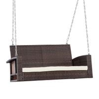 2-Person Outdoor Wicker Hanging Porch Swing Bench w/Curved Seat, Cream