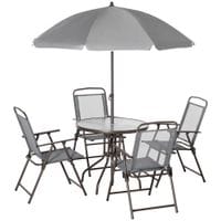 6 Pieces Patio Dining Set with Umbrella 4 Folding Chairs & Glass Table, Grey