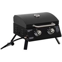 2 Burner Folding Tabletop Gas Bbq Grill w/Lid, Thermometer, Carbon Steel