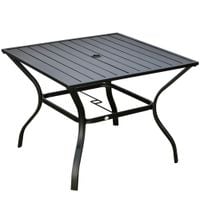 Garden Table with Parasol Hole for Four, Square Table W/Slatted Metal Plate Top