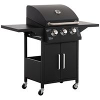 Outdoor 3 Burner Gas Grill Bbq Trolley w/Warming Rack, Side Shelf, Carbon Steel