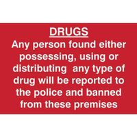 Drugs Any Person Found Either Possessing, Using or Distributing Sign