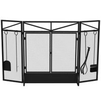3 Panel Folding Fire Guard Screen with Fireplace Tool Sets & Front Doors